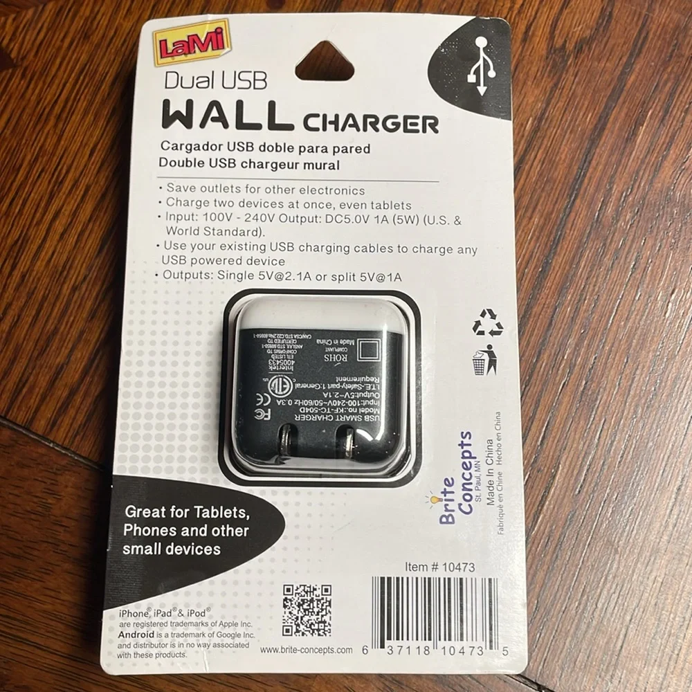 New Intertek Dual USB Wall Charger 2.1 Amp Android iPod iPhone iPad White